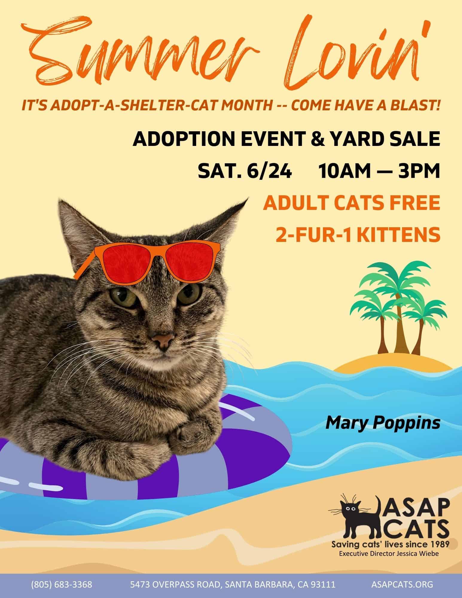 June Adoption Event Poster ASAP Cats Saturday June 24th 10am to 3pm Adult Cats Free 2 for 1 Kittens